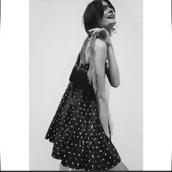 NWT Zara Mini Black Dress Polka Dot Sequin Sze XS - Picture 2 of 9